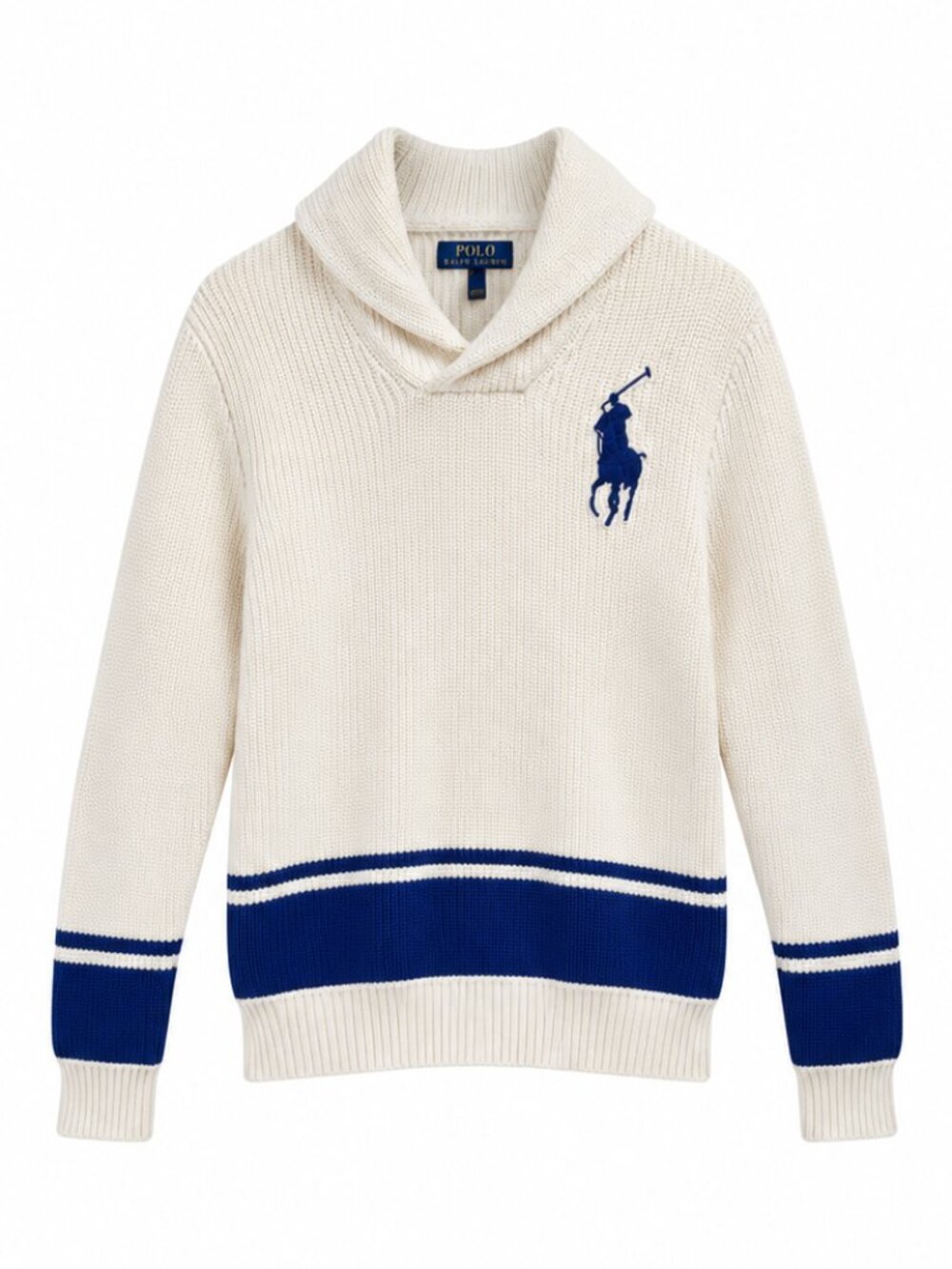 Polo Ralph Lauren Shawl Collar 100% Cotton Rugby Stripe Knit Sweater